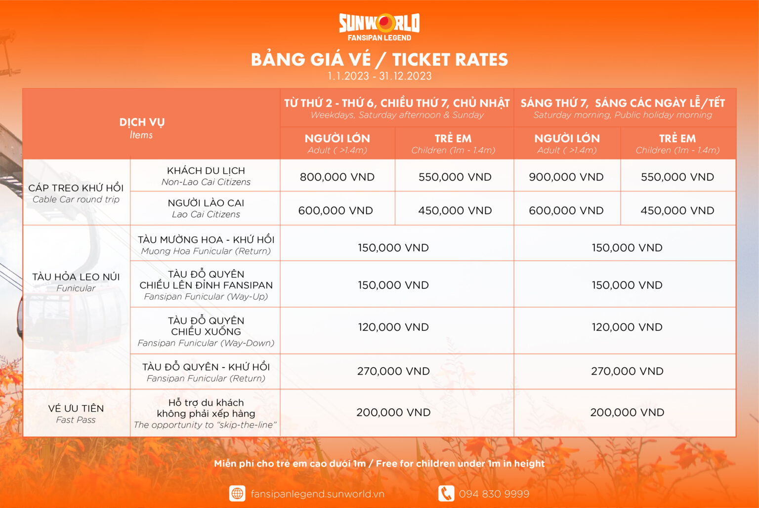 TICKET PRICES 2023 IN SUN WORLD FANSIPAN LEGEND SUN WORLD FANSIPAN LEGEND