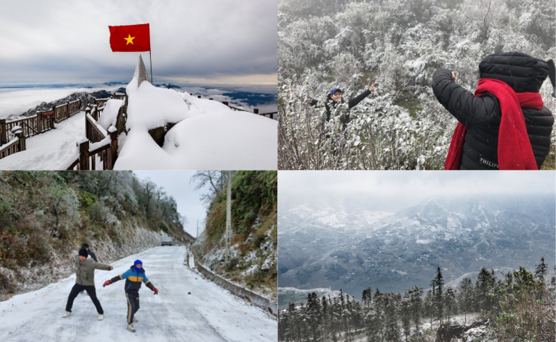 Hình ảnh tuyết lần lượt tại Đỉnh Fansipan, Thác Bạc, Y Tý và Núi Hàm Rồng