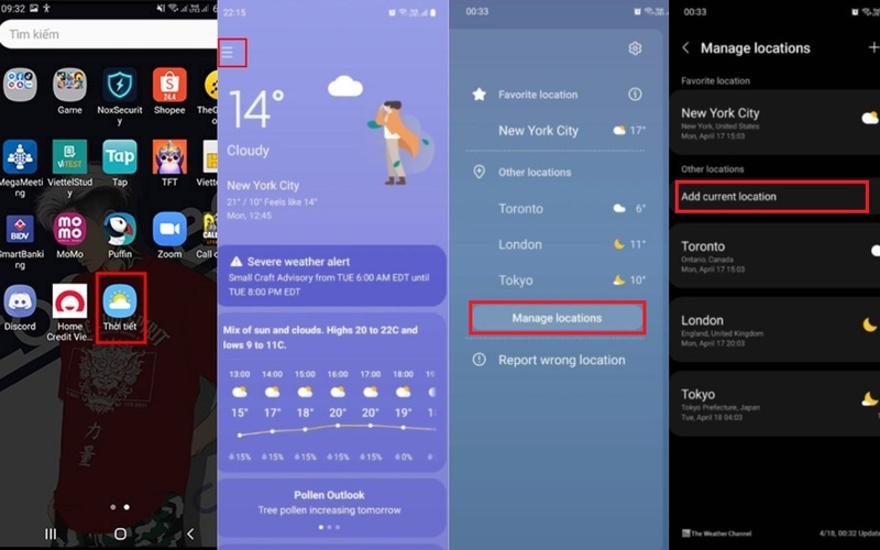 Các bước cài đặt hiển thị thông tin thời tiết Sa Pa trên ứng dụng Thời tiết của điện thoại Android
