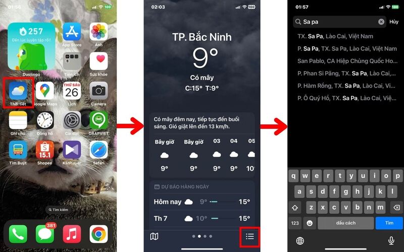 Các bước cài đặt hiển thị thông tin thời tiết Sa Pa trên ứng dụng Thời tiết của điện thoại iOS