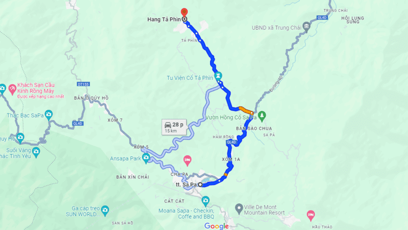 Bản đồ đường đi từ trung tâm thị xã Sa Pa đến di tích quốc gia hang Tả Phìn
