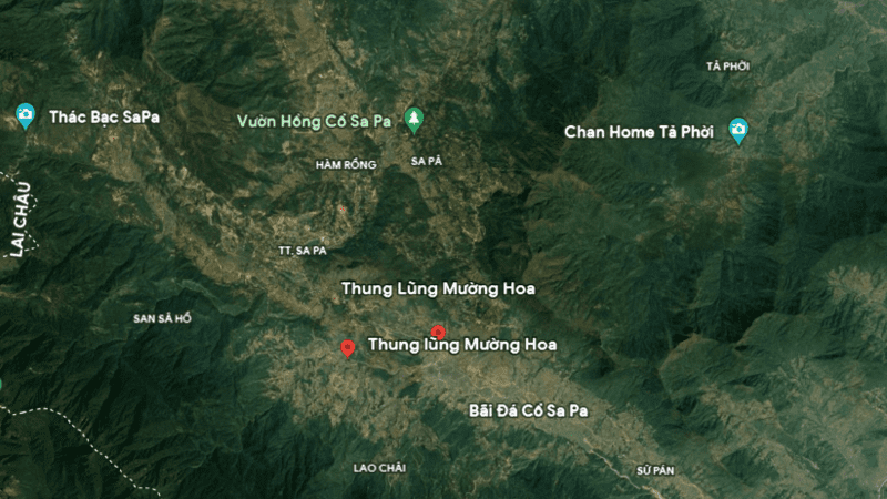 Vị trí của thung lũng Mường Hoa Sa Pa nhìn trên bản đồ vệ tinh 