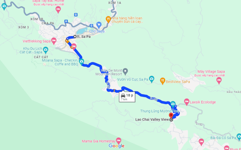 Bản đồ đường đi từ trung tâm thị xã Sa Pa đến bản Lao Chải Sapa