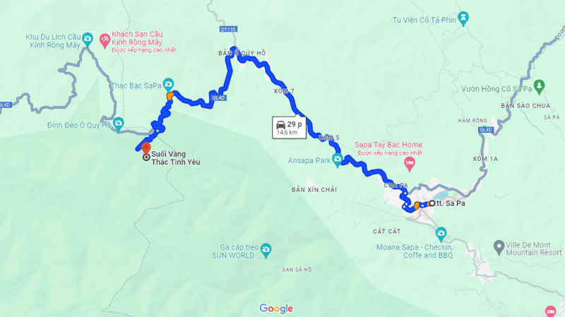 Bản đồ đường đi từ trung tâm thị xã Sa Pa đến Thác Tình Yêu Suối Vàng
