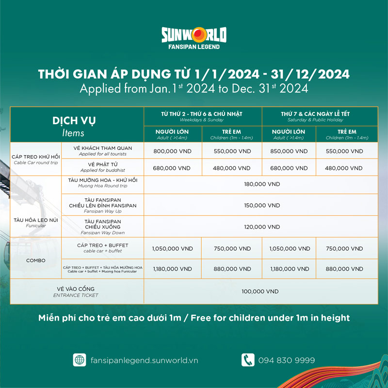 Bảng giá vé tại Sun World Fansipan Legend áp dụng từ ngày 01/01/2024 cho tới khi có thông báo mới