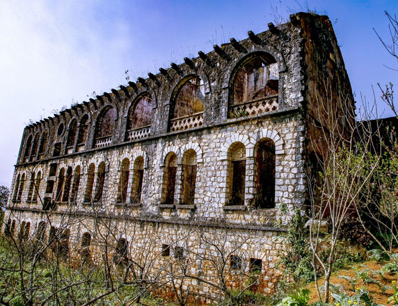 Một góc cửa vòm, tường rêu và gốc đào cũ đã phủ mốc tại tu viện cổ Tả Phìn 