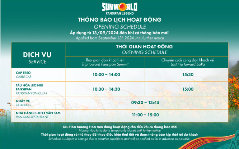 ANNOUNCEMENT: OPERATING SCHEDULES FROM SEPTEMBER 13, 2024