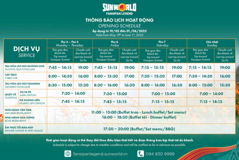 ANNOUNCEMENT: UPDATED OPERATION SCHEDULE AT SUN WORLD FANSIPAN LEGEND (FROM MAY 19 TO JUNE 1, 2025)